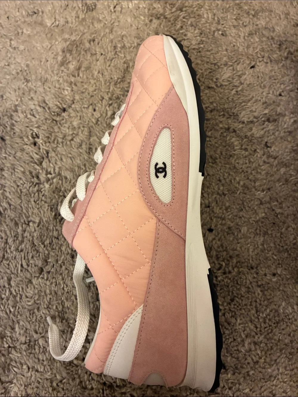 CHANEL Light Pink Quilted Lace-Up Sneakers